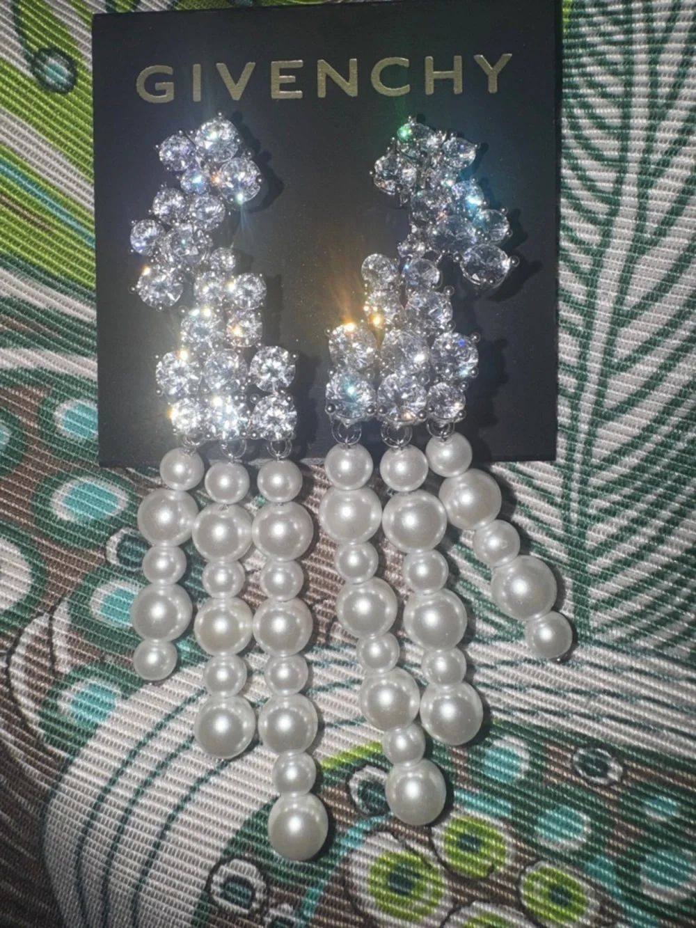 Givenchy Crystal Cluster Drop Earrings with White Pearl Tassels